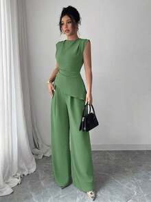 blusas sin mangas de cuello redondo con textura y pliegues de unicolor para mujer - verde menta - Ver 3