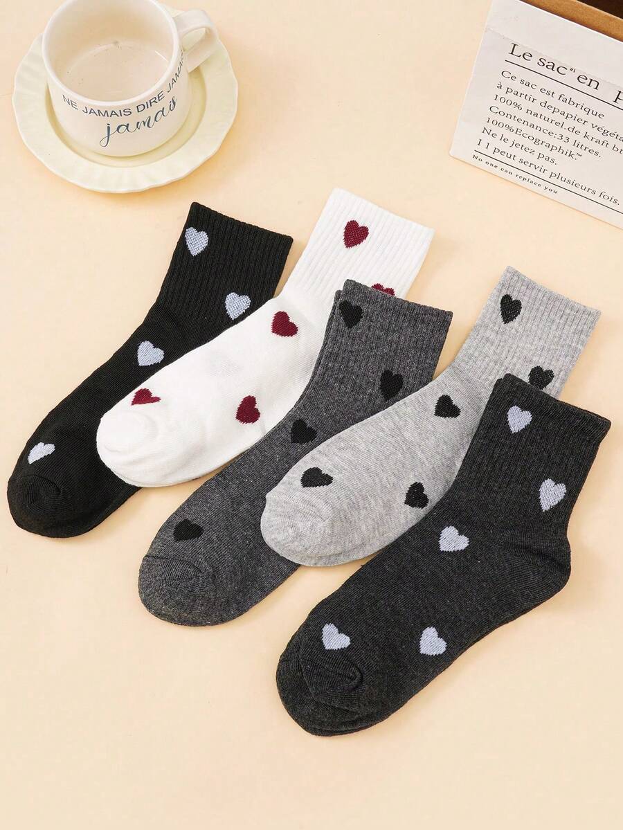 5 đôi tất dài đến bắp chân họa tiết trái tim tối giản, thoải mái, mềm mại, thoáng khí dành cho nữ, thích hợp mặc hàng ngày. - Nhiều màu - Xem 1