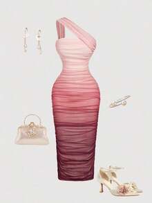 Vestido de malla de longitud media con un hombro, fruncido y efecto ombré - Multicolor 5 - Ver 1
