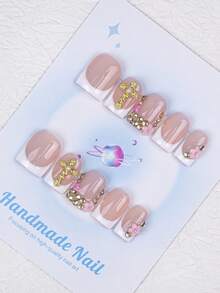 10PCS - Press On Nails, Square Shape, 100% Handmade, Y2K Style, Sturdy Quality, Reusable. White Color, French Style, 3D Design. Suitable For Daily Wear, Parties, And Also The Best Holiday Gift For Girls And Women. - White - View 2