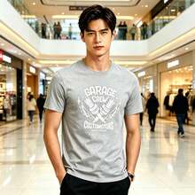 Camiseta con estampado GARAGE CREW de estilo urbano europeo y americano, de corte holgado para hombre, de algodón puro, cuello redondo y manga corta, versátil para estudiantes. - Blanco - Ver 7