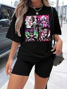1 Piece 180g Women's Cotton Shirt, Oversized Short Sleeve Round Neck With Print For Daily And Street Wear, Designed By Y2K Artists In The Bababask Style - 黑色6 - 查看 6