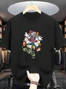 Camiseta de Talla Grande para Hombre, 100% Algodón, Estampado de Calavera, Payaso y Skateboard, Cuello Redondo, Manga Corta, Cómoda y Casual para el Verano - Negro - Ver 6