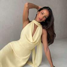 Women's Yellow Draped Neck A-Line Flowy Tie Back Dress,Summer Dresses For Women - Rosa Pálido - Ver 2