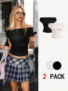 Set de 2 blusas con hombros descubiertos y volantes de unicolor, nueva ropa de verano versátil y a juego para mujer, rosa y blanco - Multicolor 6 - Ver 3