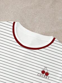 Camiseta casual de mujer con bloque de color y bordado de limón en cuello redondo - Blanco 8 - Ver 4