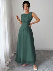 Vestido maxi casual, romántico, vintage y elegante de gasa para mujer con cordón en la cintura, para la playa, el té de la tarde, fiestas de noche, uso diario, sin mangas, de unicolor, vestido largo, primavera/verano - Verde Oscuro - Ver 5