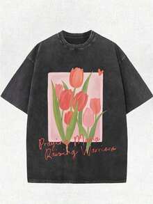 Short-Sleeved Crew Neck T-Shirt Made Of 230g Washed Cotton, Tulip Design, Innovative Pattern, New Spring And Summer Styles For Men And Women, Fashionable And Stylish, Loose-Fitting Clothing With A Retro And Distressed Design - Unisex Loose-Fitting Short-Sleeved Crew Neck T-Shirt In Urban Vintage Style, 100% Cotton, Distressed Print - Breathable And Skin-Friendly. - 黑色 - 查看 11
