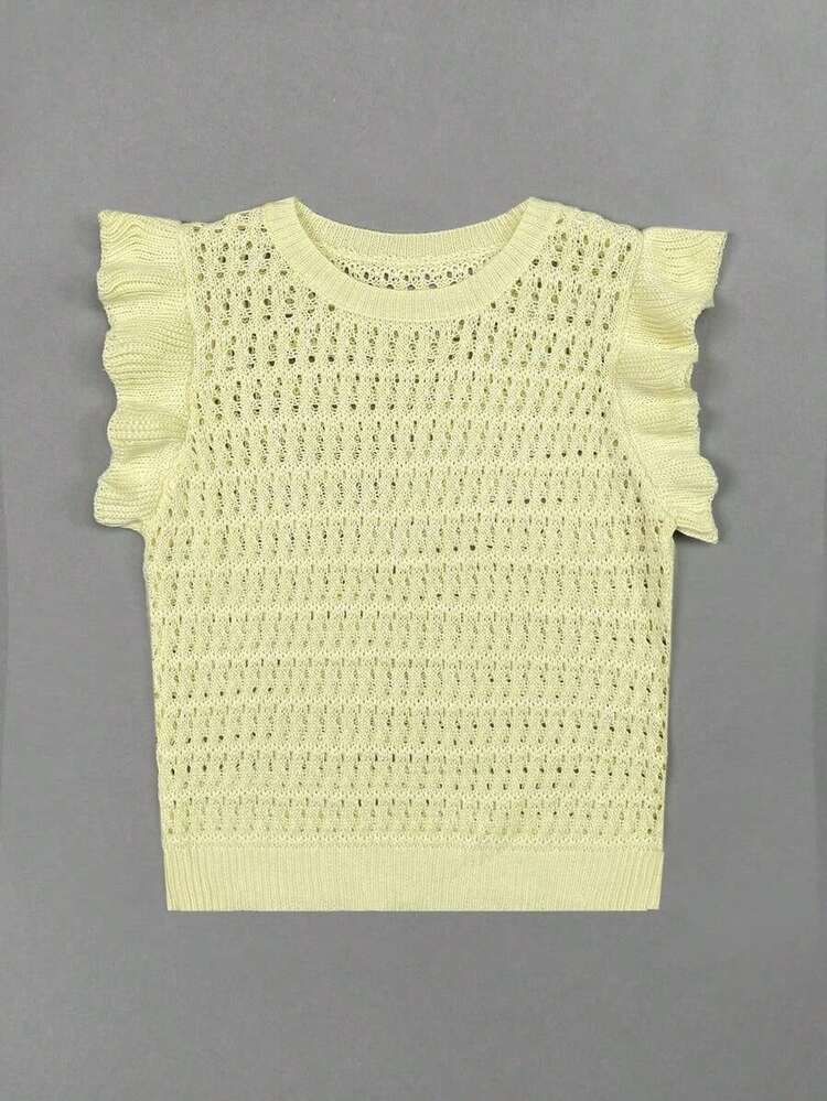 Blusa de mujer de punto a rayas sin mangas, blusa ligera de cuello redondo con volante en el bajo de manga corta, color negro - Amarillo - Añade 7