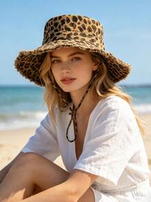 1pc Vintage Leopard Print Frayed Edge Bucket Hat, Adjustable Rope Design, Beach Vacation Sun Protection Hat - Drawstring Leopard Print Fisherman's Hat - View 8