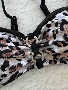 Conjunto de bikini push-up con estampado de leopardo y pedrería. La elección perfecta para viajes y vacaciones en la playa. - Marrón - Ver 5