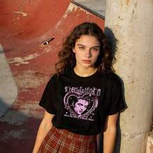 ropa de calor mujer Ropa de Verano para Mujer, Camiseta de Algodón Suave y Casual con Cuello Redondo, Patrón Retro con Borde de Corazón de Patinson. - Negro - Ver 2