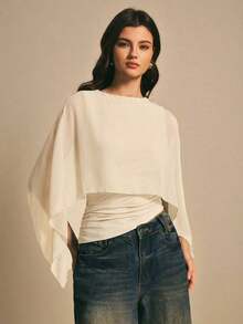 Blusa casual con cuello chal marrón para mujer, blusas elegantes para mujer, blusas casuales para mujer, apropiada para uso diario, salir, ir y venir en otoño/invierno, blusa de manga de murciélago, blusa marrón café, blusa marrón oscuro - Albaricoque - Ver 7