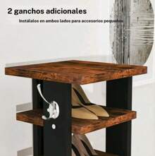Este moderno y minimalista zapatero estrecho cuenta con siete estantes verticales, una unidad de esquina que ahorra espacio y dos ganchos. Está fabricado en corcho y aglomerado macizo. - Marrón - Ver 5
