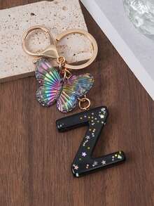 1pc A-Z Black Glitter Letter & Butterfly Keychain, Initial Resin Keyring, Holographic Butterfly Bag Charm, Car Key Accessory, Fashion Aesthetic Gift For Girls - Black - View 7