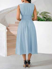Vestido veraniego sin mangas de mediana longitud para mujer, de tela tejida con textura en color verde - Azul - Ver 2