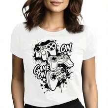 Tops para mujerEsta Chaqueta holgada estampada para niñas presenta un diseño de controlador de videojuegos con efecto de salpicaduras de pintura y la palabra GAME impresa en tinta en las mangas. El diseño casual de hombros caídos lo hace adecuado para la escuela, competiciones de deportes electrónicos y uso diario informal. Un gran conjunto de verano para adolescentes. - Blanco - Ver 9