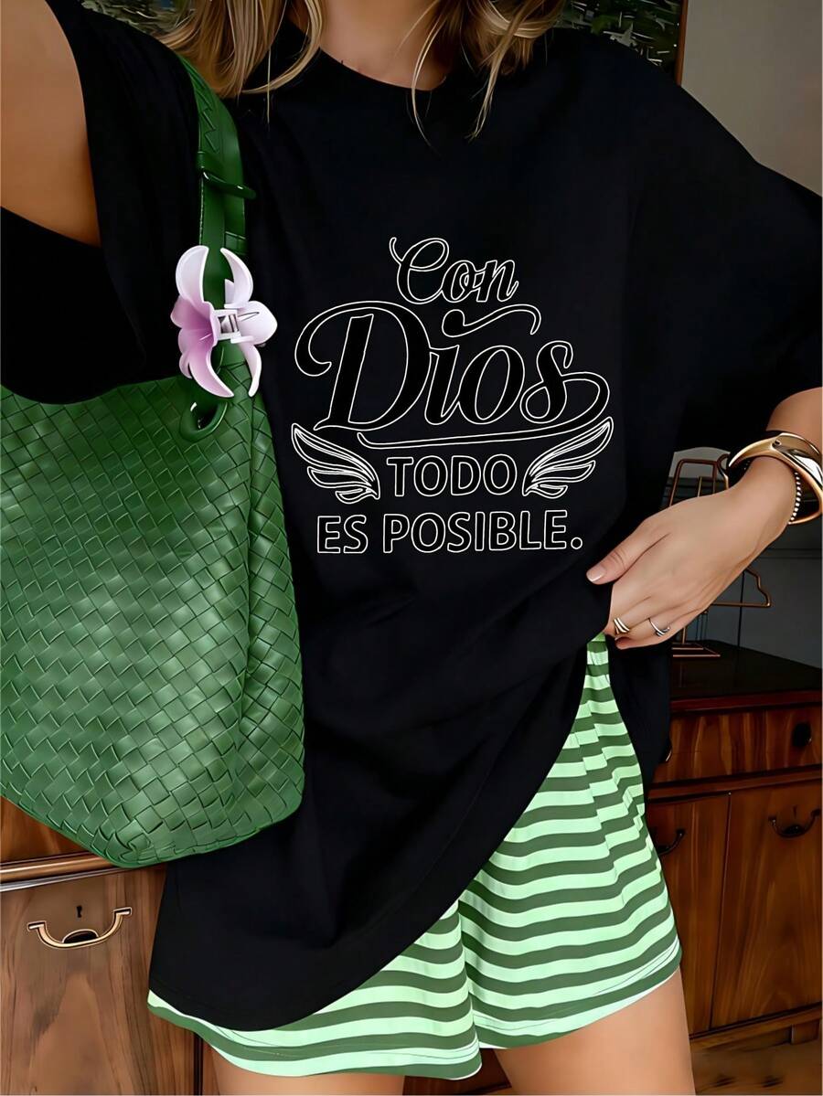 Spanish Religious Quote Con Dios Graphic T-Shirt, 100% Cotton Oversized Soft Breathable Faith Tee, Casual Crewneck Short Sleeve Top for Church Gatherings & Christian Believers