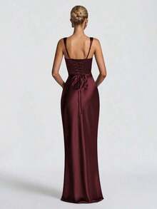 Red Satin Square Neck Maxi Dress, Ruched Bodycon Formal Evening Gown With Gloves - Burgundy - View 2