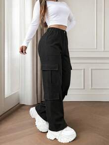 Pantalones cargo negros con múltiples bolsillos y botones, de estilo elegante y lindo Y2K, ligeros, adecuados para volver al colegio, graduación, club, fiesta de cumpleaños, Halloween, Acción de Gracias, concierto, gimnasio, playa, oficina, uso diario, al aire libre, deportes, aeropuerto, calle, Día del Maestro, primavera, verano, otoño, invierno - Negro - Ver 2