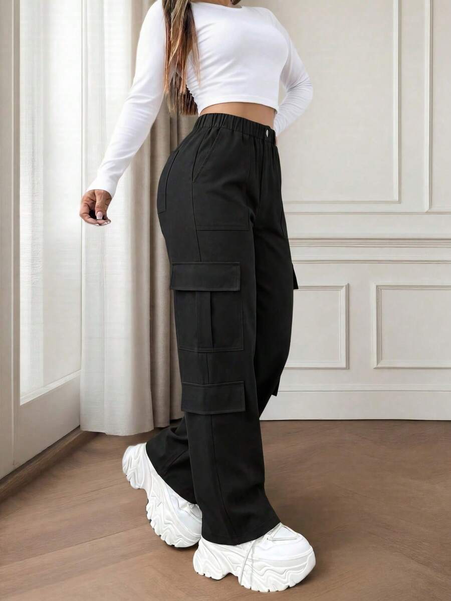 Pantalones cargo negros con múltiples bolsillos y botones, de estilo elegante y lindo Y2K, ligeros, adecuados para volver al colegio, graduación, club, fiesta de cumpleaños, Halloween, Acción de Gracias, concierto, gimnasio, playa, oficina, uso diario, al aire libre, deportes, aeropuerto, calle, Día del Maestro, primavera, verano, otoño, invierno