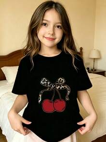 Graphic T-Shirt For Kids, Girls' Clothing, Boys' Clothing, Cherry With Leopard Print Bow, Suitable For Everyday Wear, Street Style, Outings, Home, Holidays, Back To School, Spring And Summer - 黑色 - 查看 9