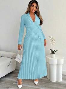 Vestido elegante de oficina y para ir al trabajo con cintura ceñida, estilo de vestido de camisa abotonada y plisada para bodas y eventos, otoño/invierno - Celeste - Ver 6