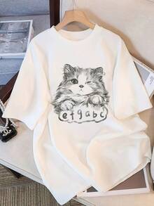 Women's Modern, Casual T-Shirt, Perfect For Parties And Lounging At Home. 100% Cotton, Loose Fit. Short-Sleeved Gray Floral T-Shirt For Women With Cat Print, Loose-Fitting And Fashionable Design. 100% Cotton - 白色 - 查看 5