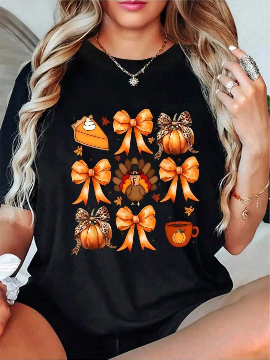 Camiseta 100% Algodón con Lazo Coqueta, Diseño de Pastel de Calabaza y Pavo para el Día de Acción de Gracias y Otoño. Camiseta holgada, casual y versátil estilo Y2k. - Blanco - Ver 1
