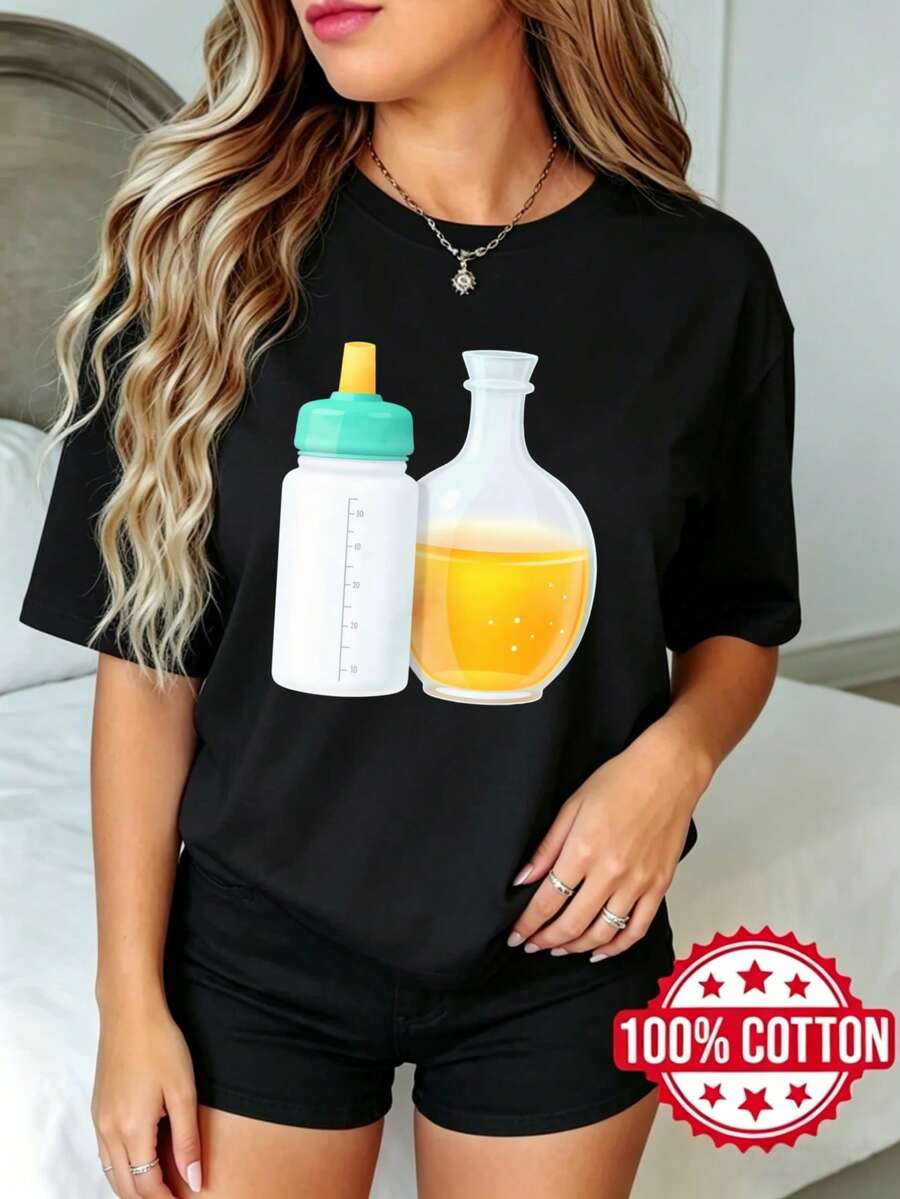Women's Short-Sleeved, Round-Neck Black T-Shirt With Summer Print. Baby Bottle And Beer Flask Design. Sizes S-3XL. Fashionable, 100% Breathable Material. - 黑色 - 查看 1
