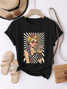Women's Comfortable And Casual Short-Sleeved Crew Neck T-Shirt With A Vintage-Style Print. The Design Features A Girl Wearing Sunglasses Comparing A Peace Symbol To A Lotus Flower. The Crew Neck And Regular Length Make This T-Shirt Suitable For All Seasons And Ideal For Everyday Wear In Spring And Summer. - 黑色 - 查看 6