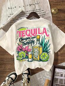 1pc Women's Casual Short Sleeve Crew Neck Graphic T-Shirt, "Tequila Is Cheaper Than Therapy" Drinkers Club 100% Cotton - 淺杏色 - 查看 2