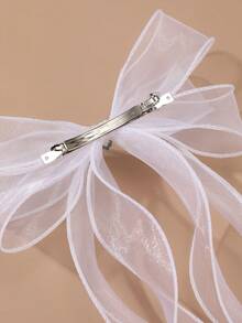 1pc Elegant White Mesh Bow Rhinestone Heart Butterfly Decor Long Ribbon Hair Clip, Suitable For Daily, Wedding, Party, Prom - White - View 4