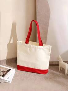 Colorblock Canvas Shoulder Tote Bag, Wide Comfortable Handle, Large Open Top For Easy Storage, 3 Available Colorways - View 16