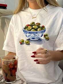 Camiseta Blanca de Manga Corta con Estampado Gráfico Vintage, Talla Grande, para Mujer, Estilo Casual Urbano - Blanco - Ver 1