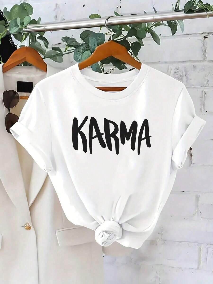 Camiseta de manga corta de verano 100% algodón para mujer, estampada, a la moda, transpirable, combina con todo, 100% algodón. - Blanco - Ver 1