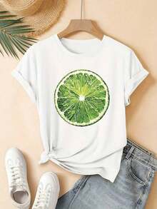 Women's Simple Loose Fit T-Shirt - Modern Style. This Short-Sleeved T-Shirt Features A Round Neck And A Lemon Slice Print. It's  And Cute, Perfect For Young Women. Machine Washable, It's Suitable For Everyday Casual Streetwear, Makes A Great Gift, And Is Ideal For Home, Office, And Other Occasions. This Comfortable, Soft, And Simple Short-Sleeved T-Shirt Is Perfect For Everyday Wear. - 白色 - 查看 7