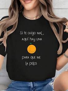 Camiseta gráfica divertida para mujer con frase en español y estampado naranja. suave y transpirable. Top informal de manga corta para uso diario y ocasiones divertidas. SFFC - Negro - Ver 7