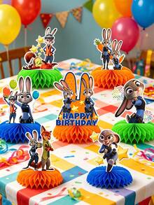 Disney Bộ trang trí trung tâm tổ ong chủ đề Judy và Nick, trang trí bàn làm việc rực rỡ phù hợp cho các bữa tiệc thẩm mỹ và chụp ảnh, được thiết kế nhấn mạnh vào màu sắc sống động và thẩm mỹ tươi vui. Thiết kế độc đáo với các họa tiết in đậm, bắt mắt của Judy, Nick và các nhân vật khác, kết hợp với đế tổ ong sáng màu sẽ nổi bật trong bất kỳ bối cảnh bàn nào. - Đồ trang trí - Xem 1
