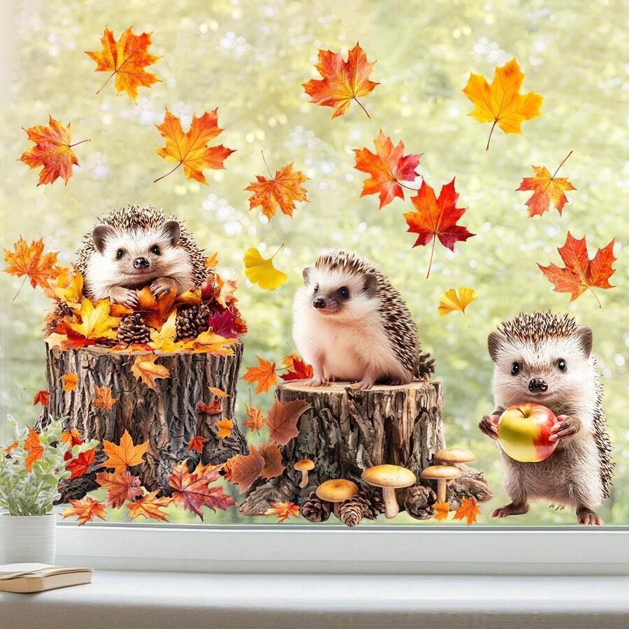 Cute Autumn Hedgehog Window Stickers, Static Cling Window Decals, Removable Decorative Stickers, Adorable Decor For Home, Office, Store, Classroom Windows, Easy DIY Home Decoration - 1 Roll - View 1
