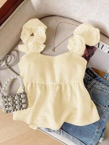 Frenchy Camiseta de tirantes de mujer con volantes de unicolor y parches, con detalle de nudo en la espalda - Amarillo claro - Ver 2