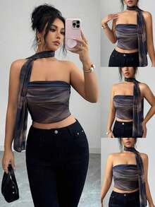 Top de camisola plisado con decoración de bufanda de malla elegante para mujeres - Marrón - Ver 7