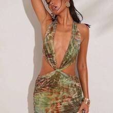 1 Piece Spring And Summer Tropical Plant Mesh Print Sexy Hollow Low Waist Mini Dress Suitable For Club Island Vacation Outfits, Honeymoon Outfits Woman, Pool Party Outfit Vacation Outfits Woman  Ibiza Outfit, Holiday,  Festival, Vacation Beachwear, Beach,Bohemian Clothes - Rojo - Ver 6