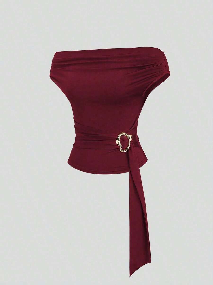 Blusa asimétrica sin tirantes de ajuste ceñido, de diseño elegante y con textura retro, de alta gama y minimalista, para mujer.Color marrón.Primavera/Verano - Rojo - Ver 1