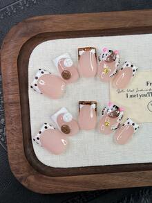 10pcs Y2K Nails Square Press On Nails Set - Handcrafted,Pink Nails, White Nails, White French Tip Nails, Handmade 3D Kitten And 3D Button Design, 3D Kitten Nails Art, Hand Drawn Brown Polka Dot And Brown Stripe Pattern Decoration, Sparkling Gold Star Accents, Delicate Graceful Nails - Perfect For Parties & Casual Attire - Multicolor - View 12