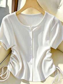 Camiseta de manga corta de verano para mujer, de unicolor, con botones delanteros y cordón lateral - Blanco - Ver 1