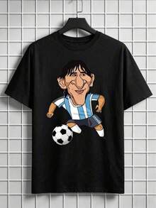 Playera de Fútbol para Hombres, Diseño de Jugador en Estilo Caricatura, Casual y Divertida, Ideal para Seguidores del Fútbol Argentino, Regalo para Fans - Negro - Ver 1