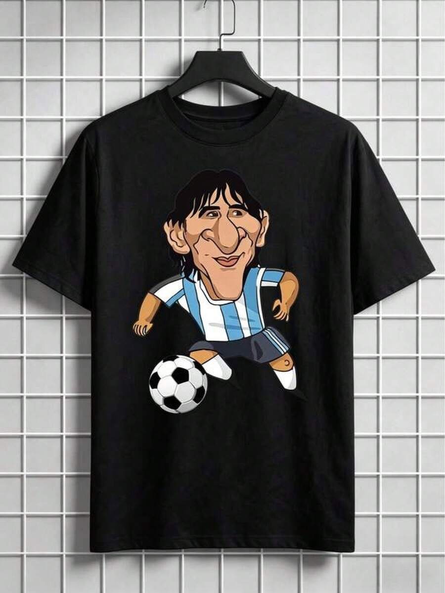 Playera de Fútbol para Hombres, Diseño de Jugador en Estilo Caricatura, Casual y Divertida, Ideal para Seguidores del Fútbol Argentino, Regalo para Fans - Negro - Ver 1