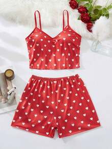 2 piezas Conjunto de pijama, Camiseta y pantalones cortos sexy para mujer, estampado total, decoración de corazón, ropa de dormir casual de verano, conjunto de verano, blusa de pijama linda, conjunto de 2 piezas, ropa de casa, vuelta al colegio, conjunto, Navidad - Rojo - Ver 6