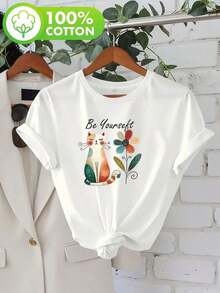 Camiseta de Mujer con Estampado de Gato y Corte Oversize - Blusa de Manga Corta con Cuello Redondo, Ropa Casual y de Descanso, - Top Cómodo para el Día a Día (Lavable) ICZ0 - Blanco - Ver 7